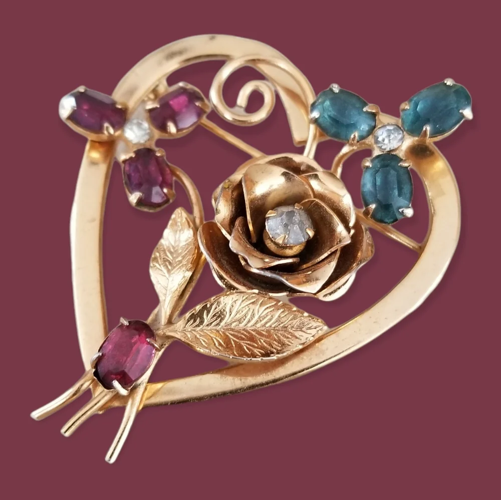 Vintage Signed Coro Gold Tone Heart Brooch Ruby Sapphire Rhinestone
